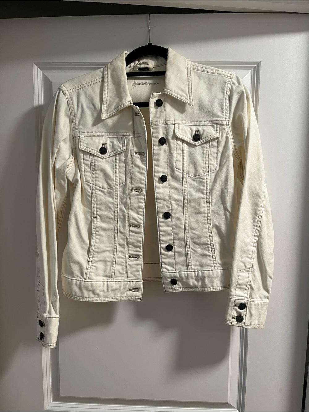 Eddie Bauer Women's Off-White Denim Jacket with Dark Buttons